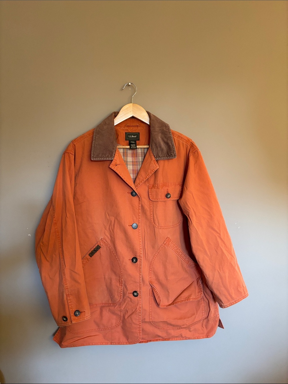 L.L. Bean Orange Canvas Barn Chore Coat Jacket with Brown Collar